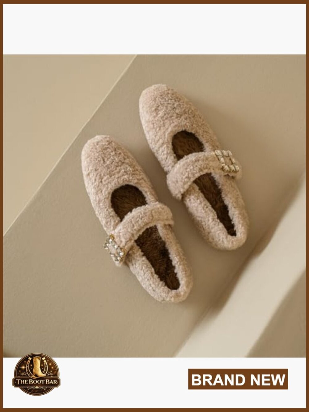Shearling Ballet Flats Rabbit Fur Lined Crystal Buckle Mary Jane Shoes - Picture 5 of 7